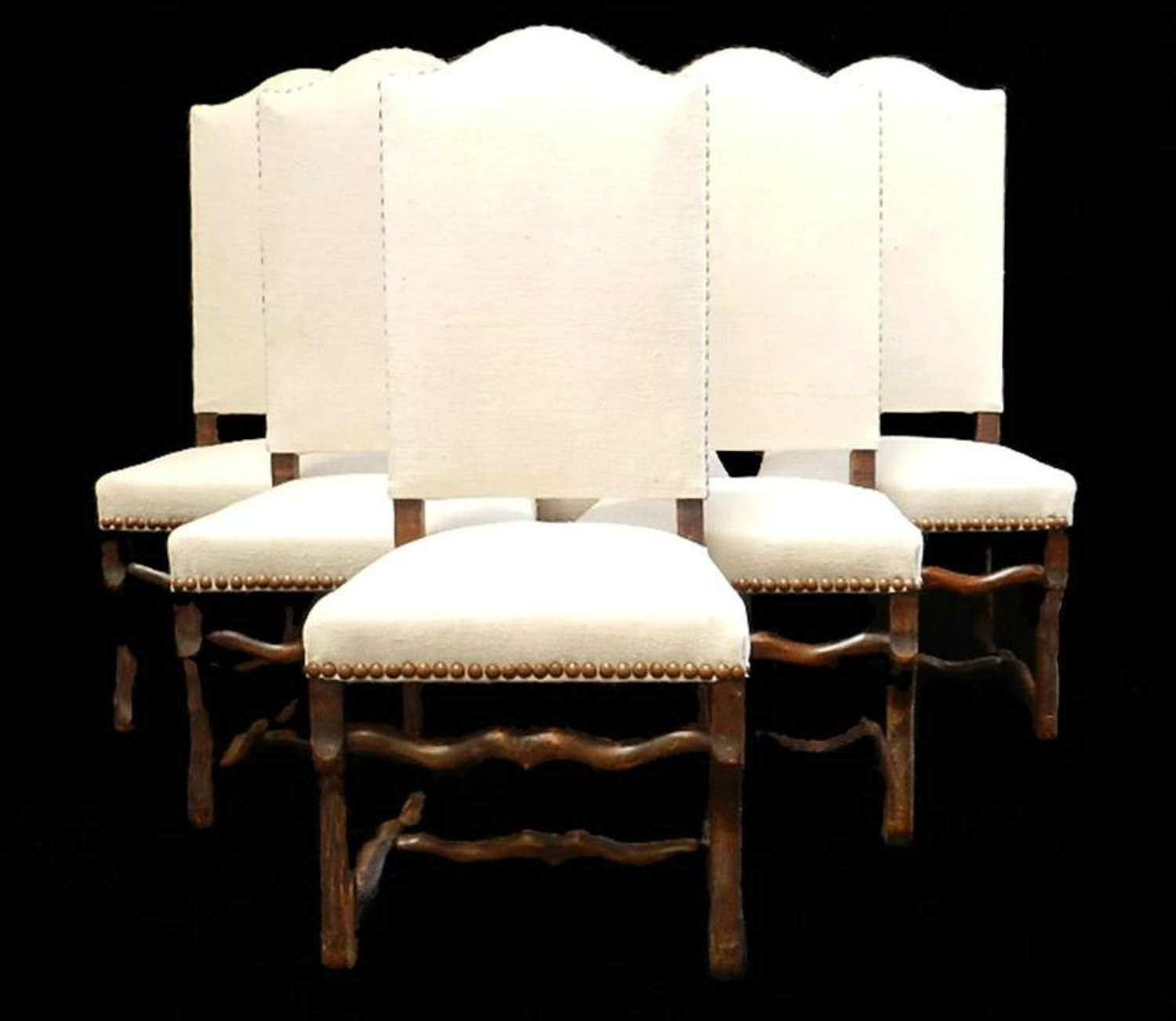 6 French Dining Chairs Os de Mouton walnut and antique Linen