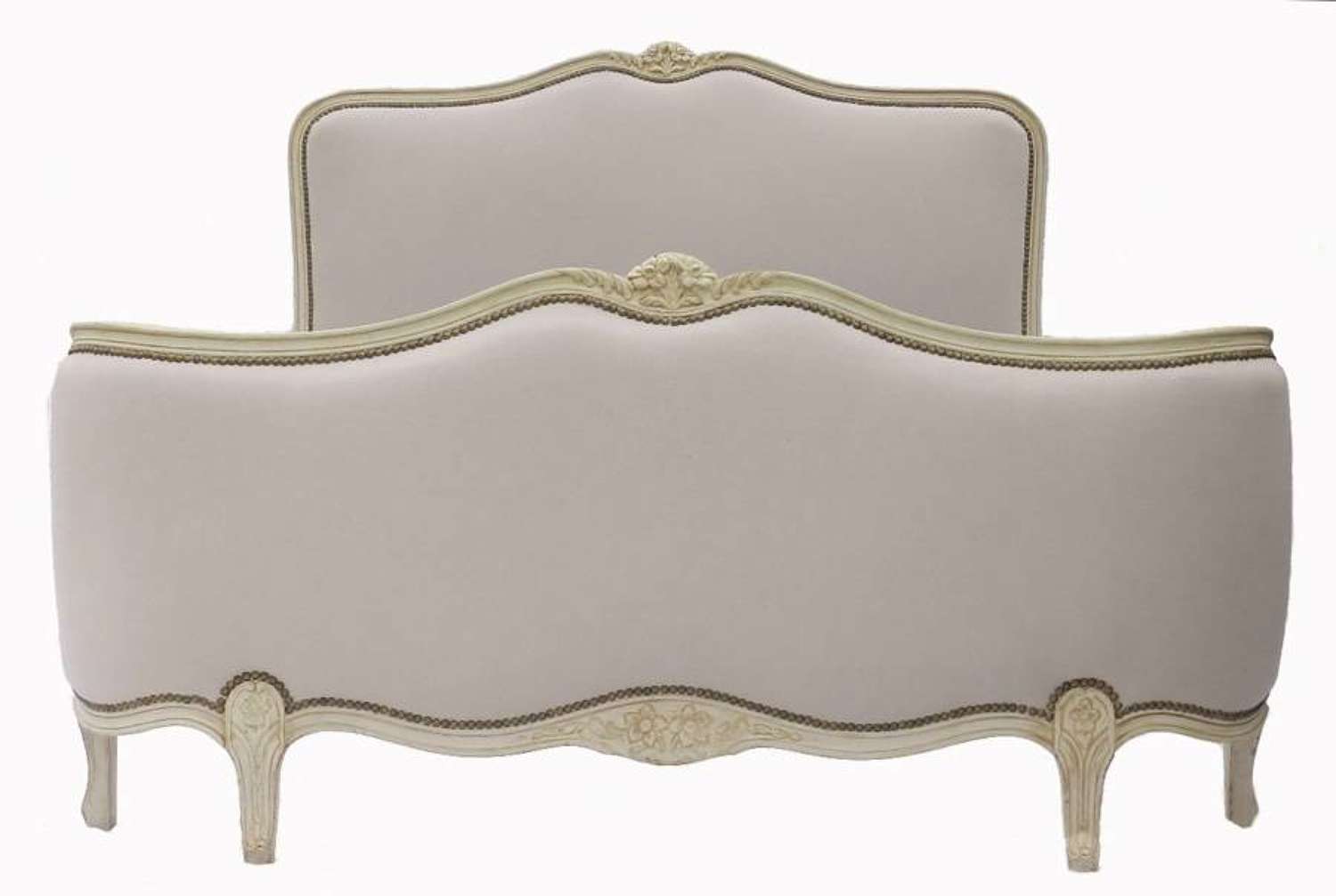 French Louis Double Bed + Base re-upholstered Corbeille painted