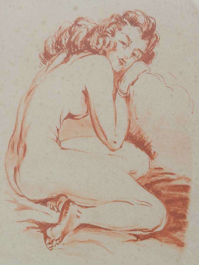 Original Signed French Print Etching of Nude Woman c1940