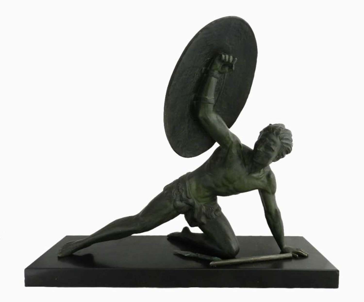 Original Art Deco Statue Gladiator by Jean de Roncourt signed French Bronze Verdigris patina metal 