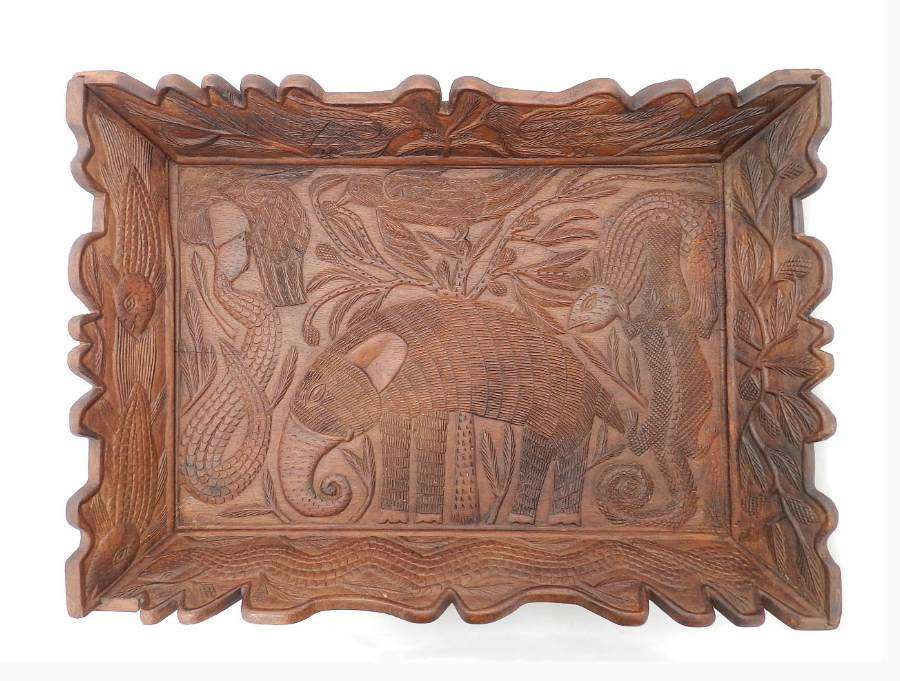 Animal Carved Wood Tray Serving Platter Early 20th Century
