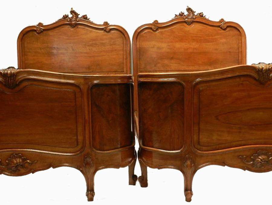 Rare Pair C19 Antique French Louis Beds + Bases Corbeille Mahogany & Rosewood 