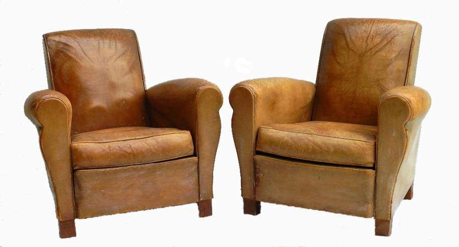 Pair of French Leather Club Chairs Mid Century
