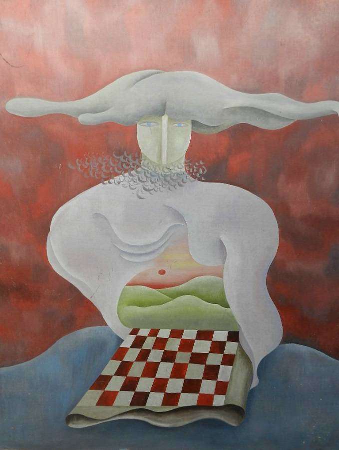 Oil Painting `Le Damier Rouge`  Surrealist on board