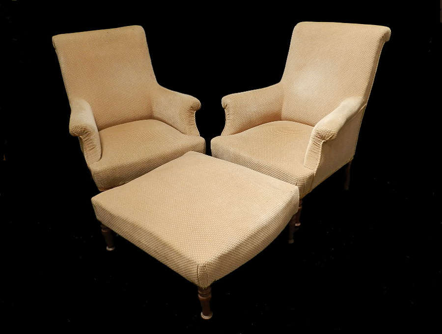 Pair of Antique French Armchairs with Footstool Duchesse Fauteuil