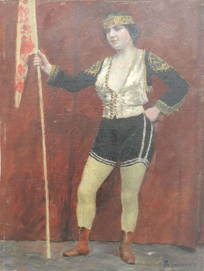Early C20 Oil Painting signed Bienvenu Fairground Circus Lady Performer French Italian