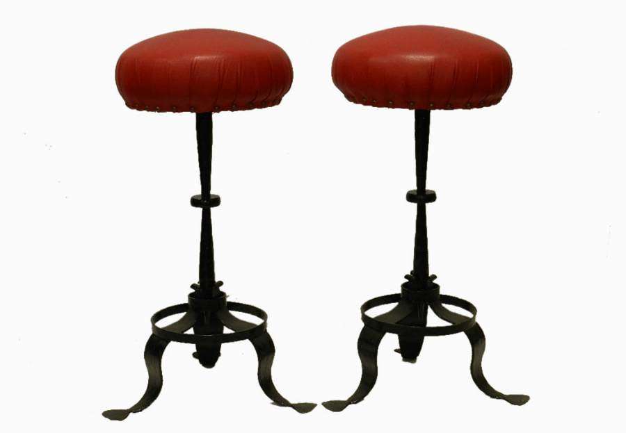 Pair of French Bar Stools Leather & Iron 