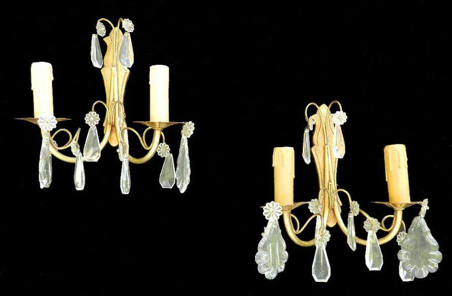 Pair of French Wall Lights Crystal Drop Vintage Appliques