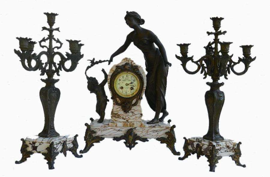 French Art Nouveau Clock Garniture Marble & Bronze Figural Lady with Putti & Candelabra 