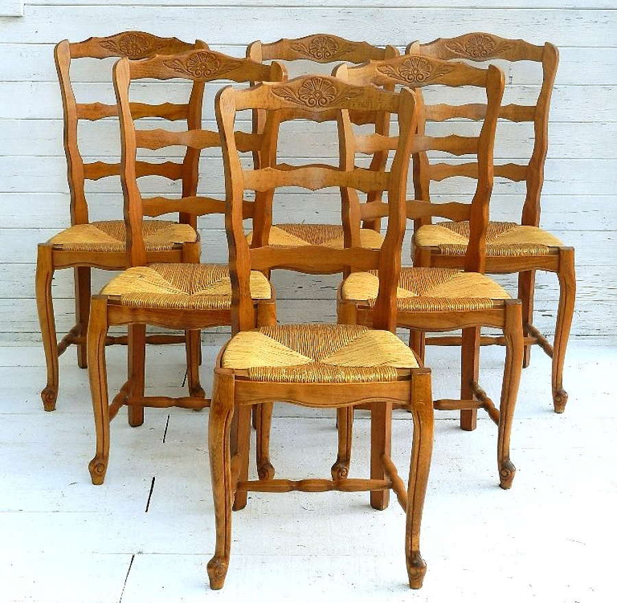 6 French Provincial Vintage Cherry Rush Seat Dining Chairs Louis Ladder Back 