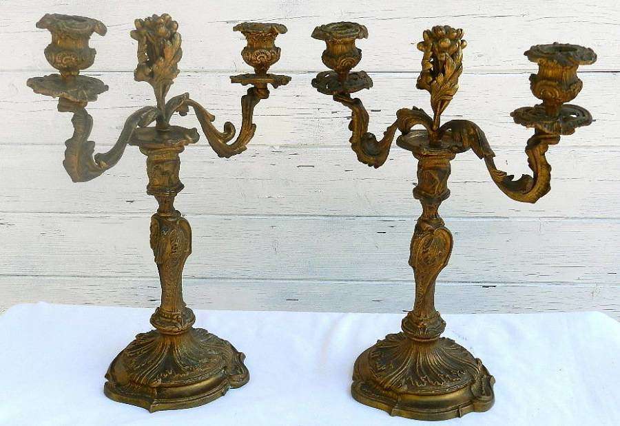 Pair of French Bronze Rococo Candelabra Candlesticks Louis c1860