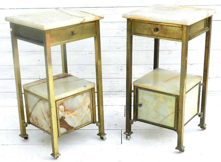 PAIR of FRENCH BRASS & MARBLE BEDSIDE TABLES / CABINETS