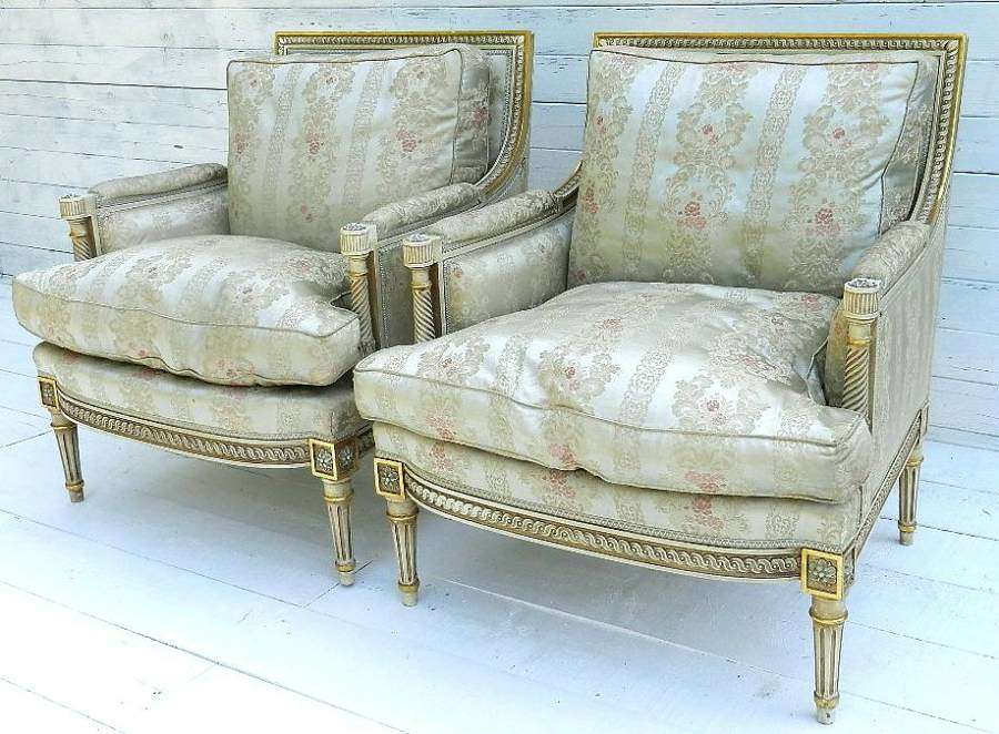 Pair French Louis XVI rev Fauteuil Armchairs