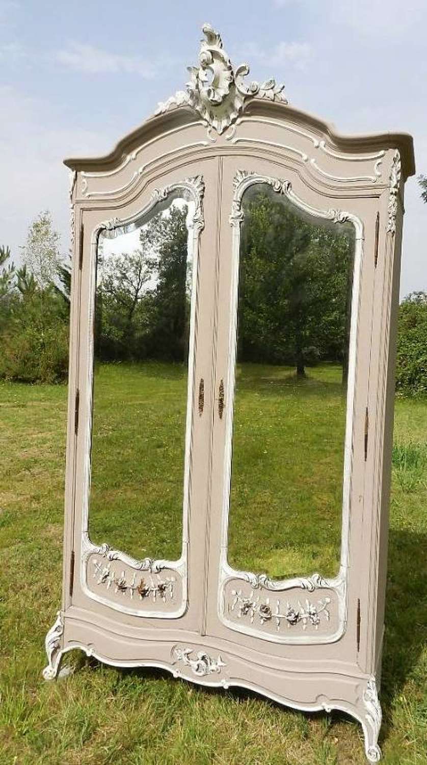 C19 ANTIQUE FRENCH LOUIS XV PAINTED ARMOIRE WARDROBE BOOKCASE