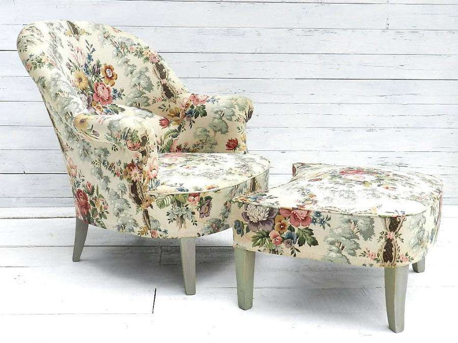 FRENCH VINTAGE DUCHESSE BRISEE FAUTEUIL ARMCHAIR & FOOT STOOL c1920-30