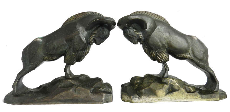 Art Deco Pair Bronze Mountain Rams Bookends by C Charles c1930