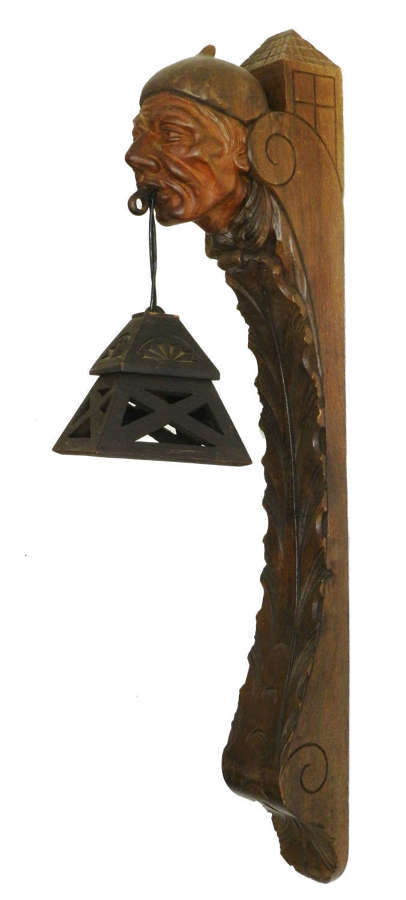Wall Light Lantern Sconce French Basque Sculpted Wood Head, c1920