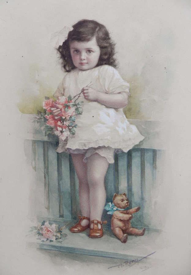 Watercolor By A Reng Young Child Plus Teddybear C1918