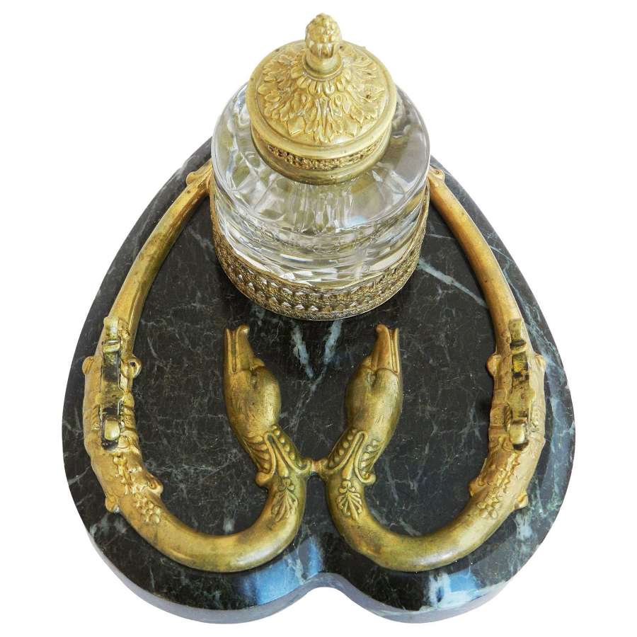 Antique Bronze Marble Inkwell Desk Serpent Inkstand French c1880