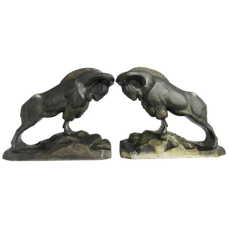 Signed Art Deco Pair of Bronze Mountain Rams Bookends by C Charles, ci