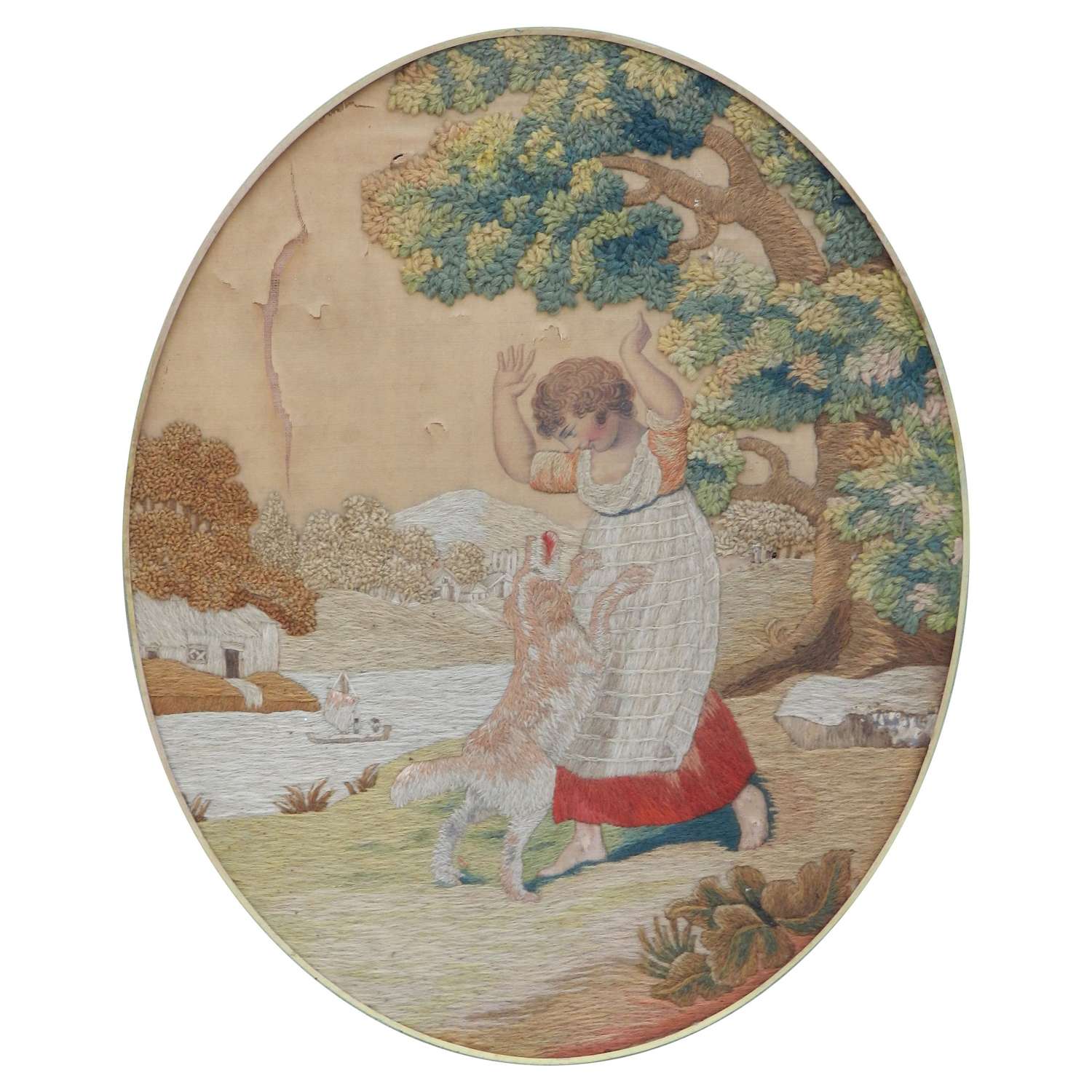 19th Century Tapestry Child with Dog Petit Point Wall Decoration FREE