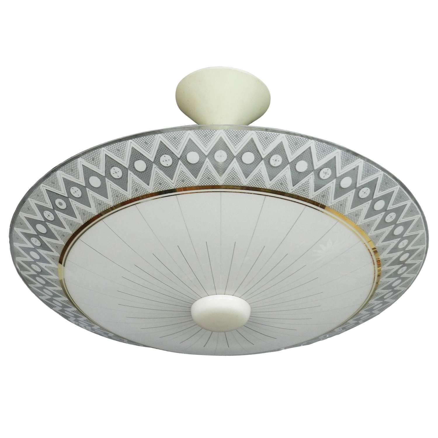 Mid Century Light Patterned Glass Pendant Chandelier French, c1950