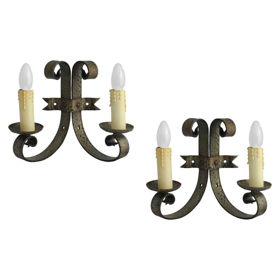 Pair of Wall Lights Sconces Appliques Gothic Rev Iron Spanish Hollywood Regency