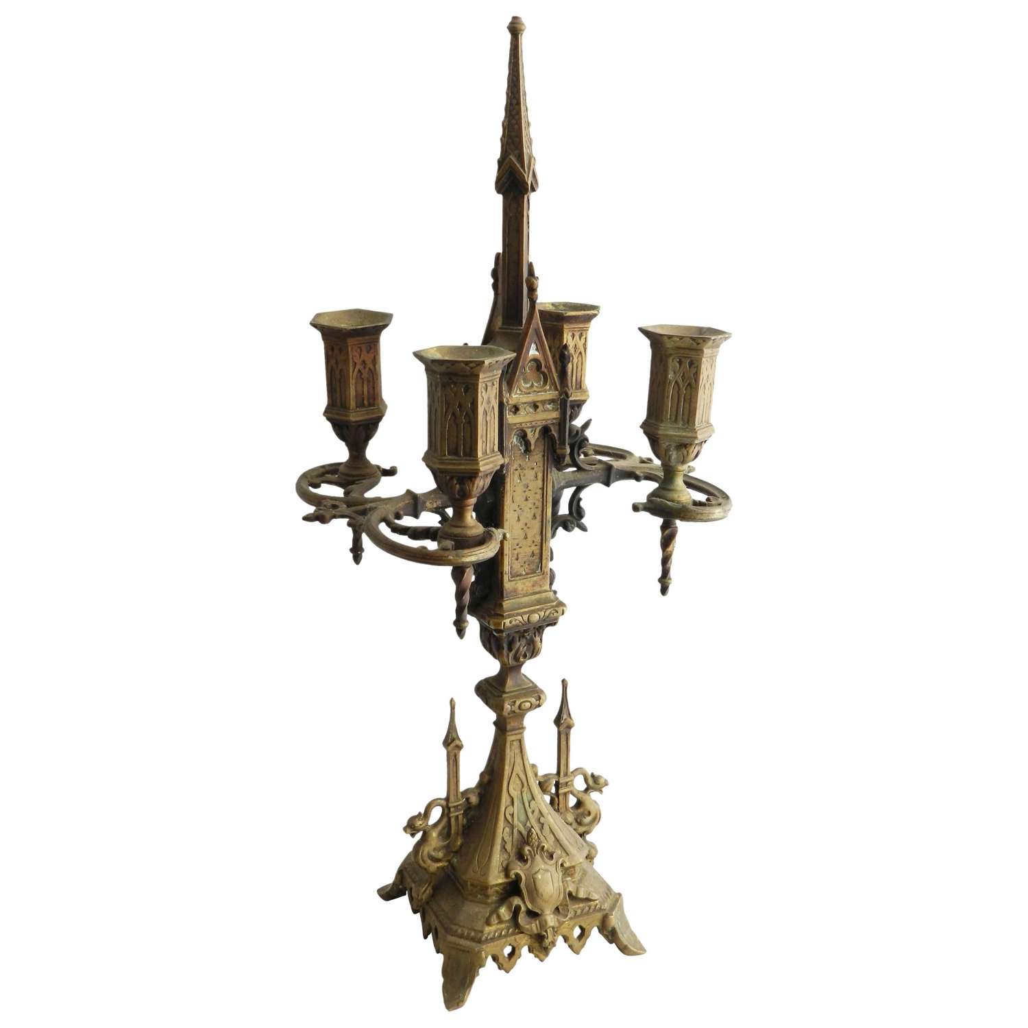 Gothic Candlestick Bronze Four Candles, circa 19th Century, French