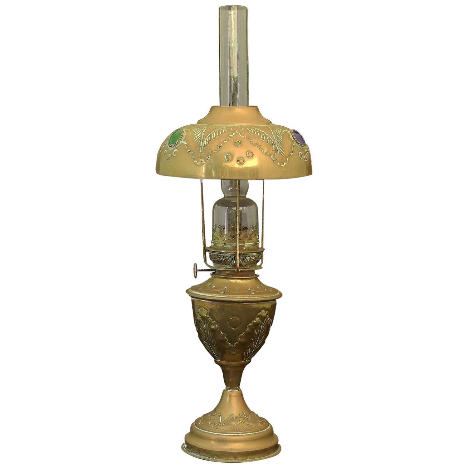 Bohemian Oil Lamp French Brass Glass Cabuchons, circa 1910
