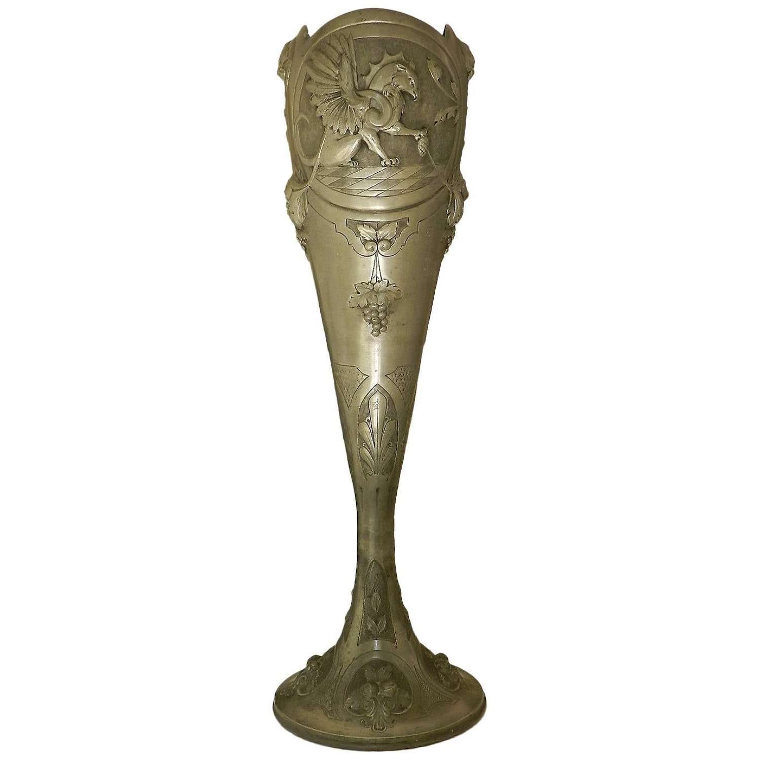 Art Nouveau Vase Pewter Signed A Villien Monumental Belle Epoque, circ