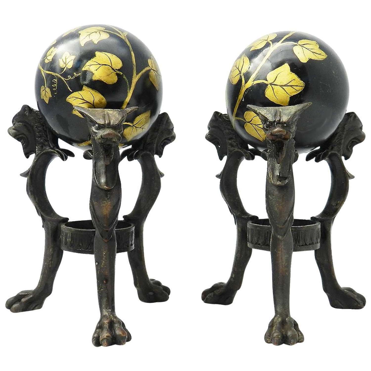 Pair Antique Tripod Bronze Stands Chimera and Marble Balls Painted Ivy
