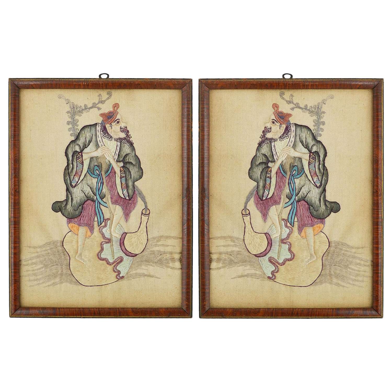 Pair of Embroidered Chinoiserie Panels of a Gentleman Early 20th Century