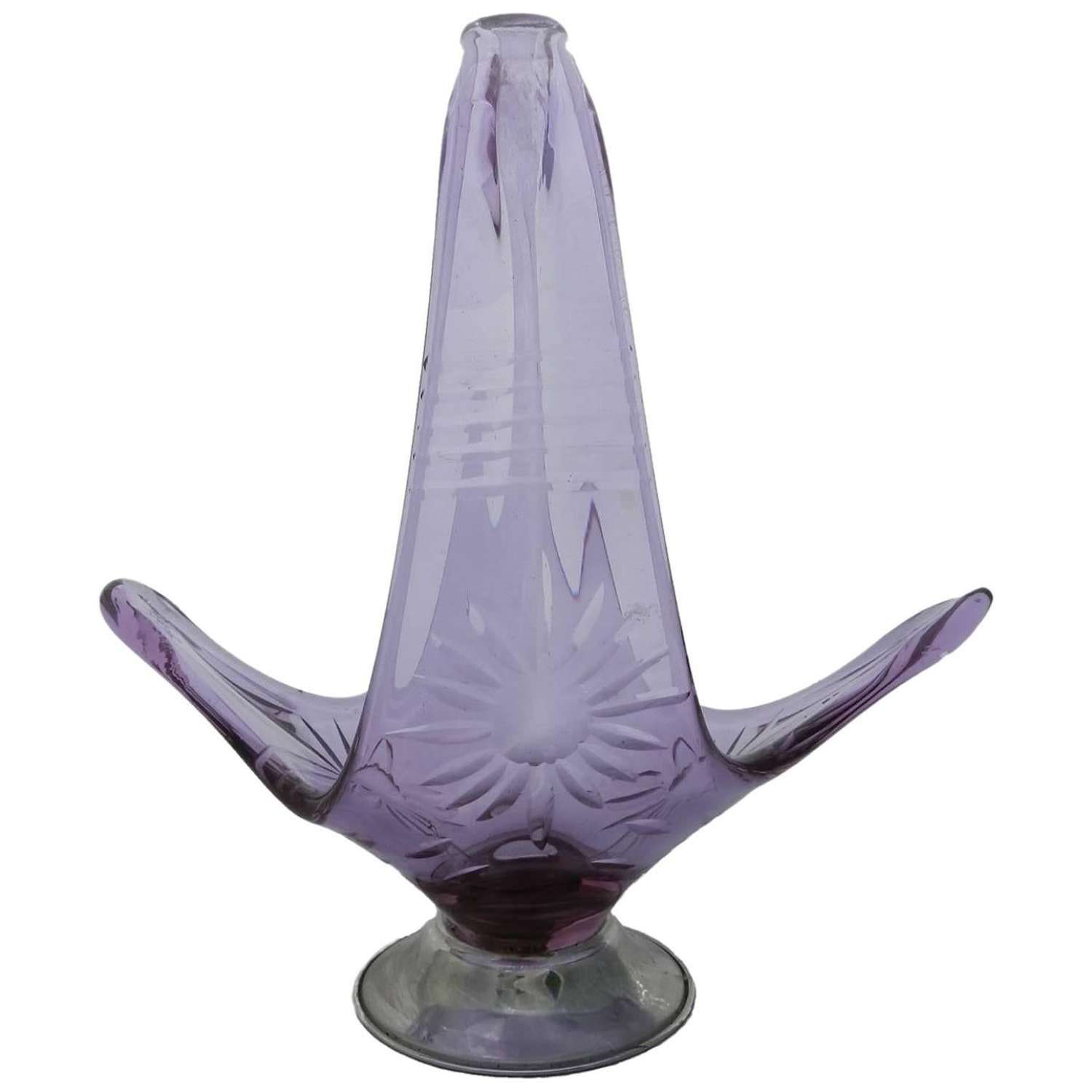 Midcentury French Art Glass Centre Piece Mauve Purple Cut Star Friut B