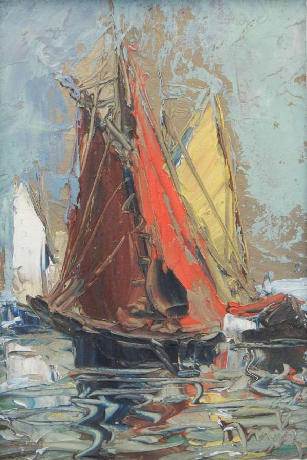 Spanish Yacht Oil Painting c1970