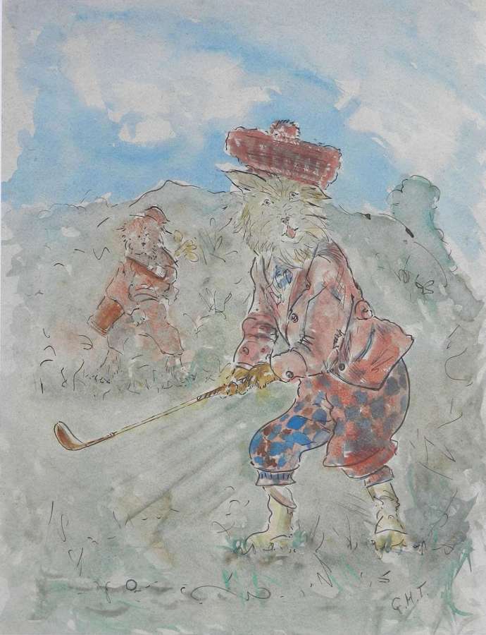 Scottish Cats Playing Golf Midcentury Watercolor Signed Initials