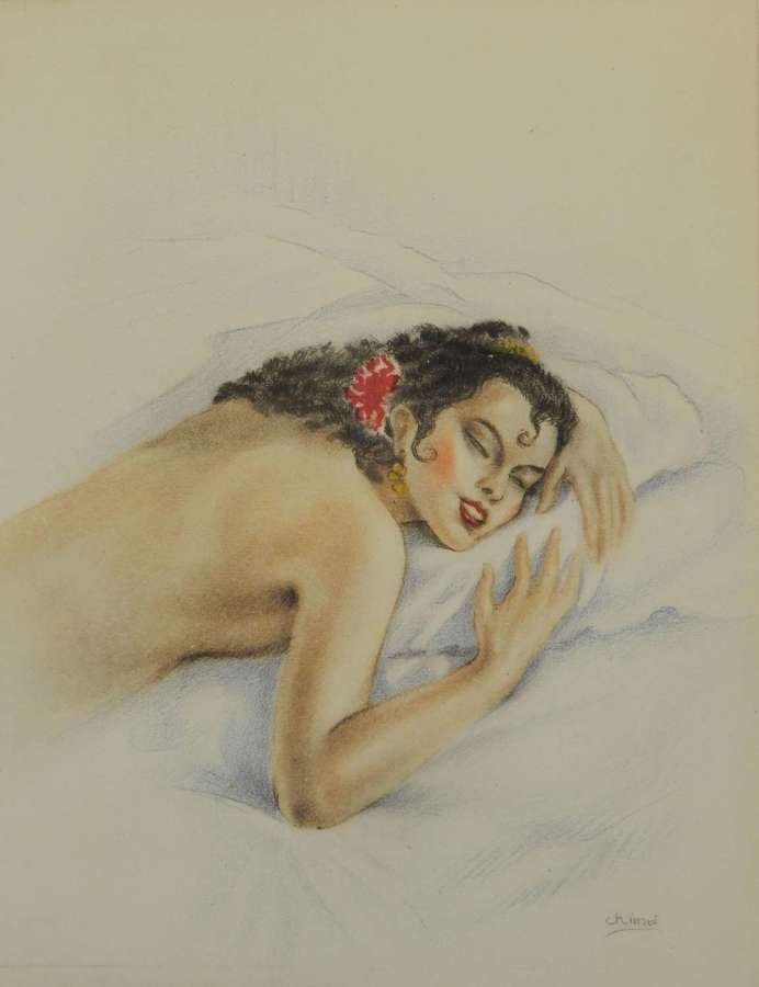Spanish Lady by Edward Chimot Nude Lithograph Print c1946