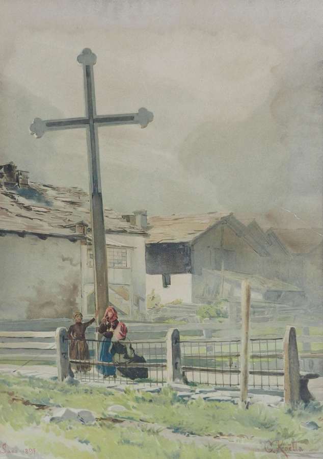Cross Place du Village Watercolor Painting by C Koella c1897 19th Cent
