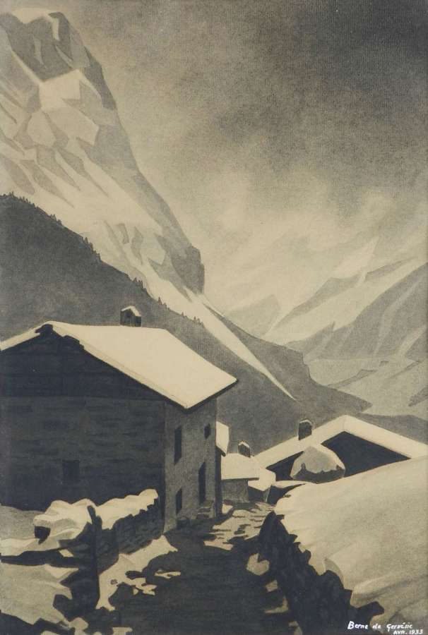 Art Deco Mountain Snow Scene Signed Gisele Berne de Geavisie c1933