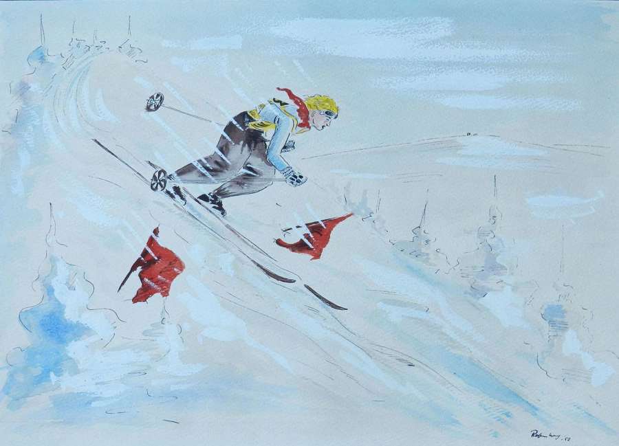Skier Original Artist Signed Watercolor Mid Century c1952