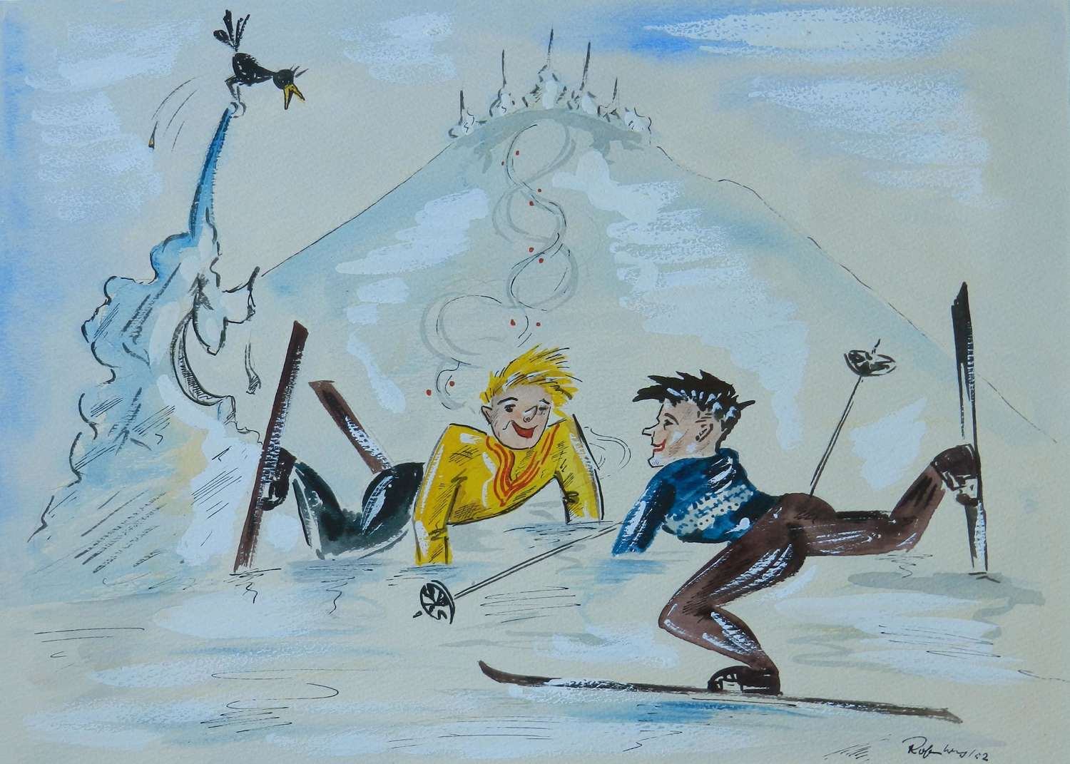 Skiers Amusing Caricature Artist Signed Watercolor Mid Century c1952