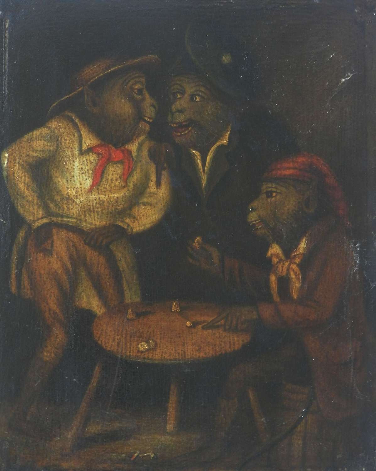 Three Monkeys Gambling 19th Century Oil Painting