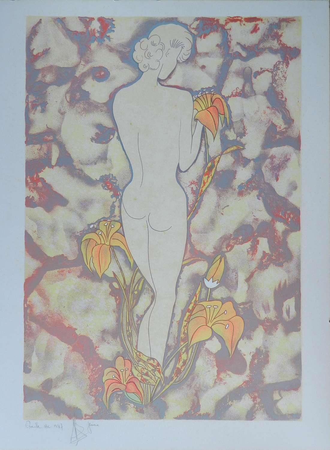 Nude Amongst Flowers Lithograph Signed by Artist c1987