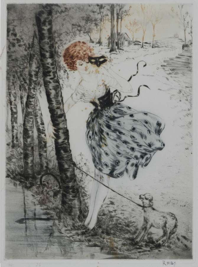 Lady with Lamb Signed by Kaby Engraving c1920 French
