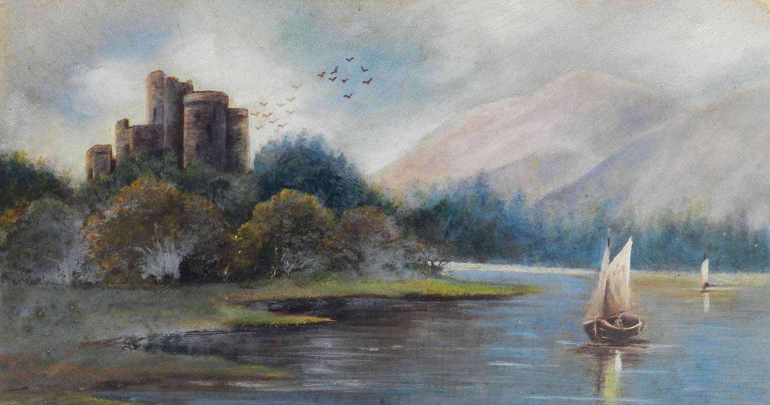 Castle Lake View Watercolour Painting early 20th Century