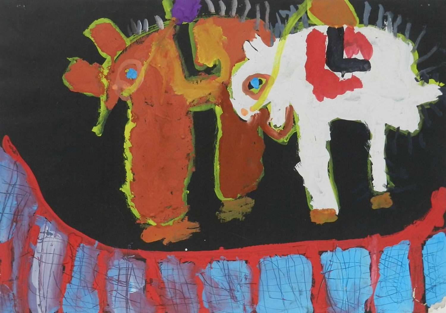 Naive Painting of Animals c1962 by Chinese School Child