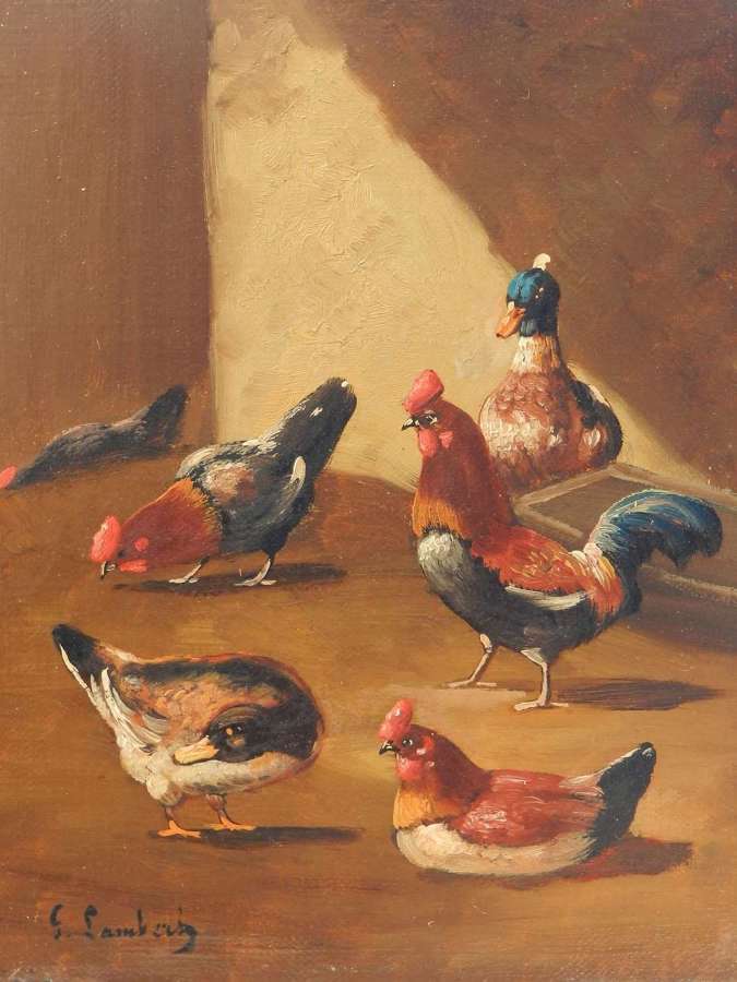 French Farmyard Oil Painting signed Lambert Ducks Chickens French 19th