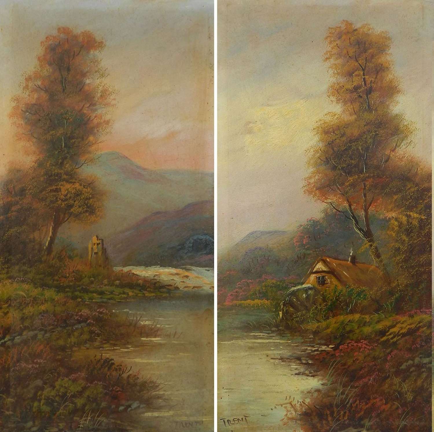 Pair Landscape Oil Paintings signed Trent British early 20th century