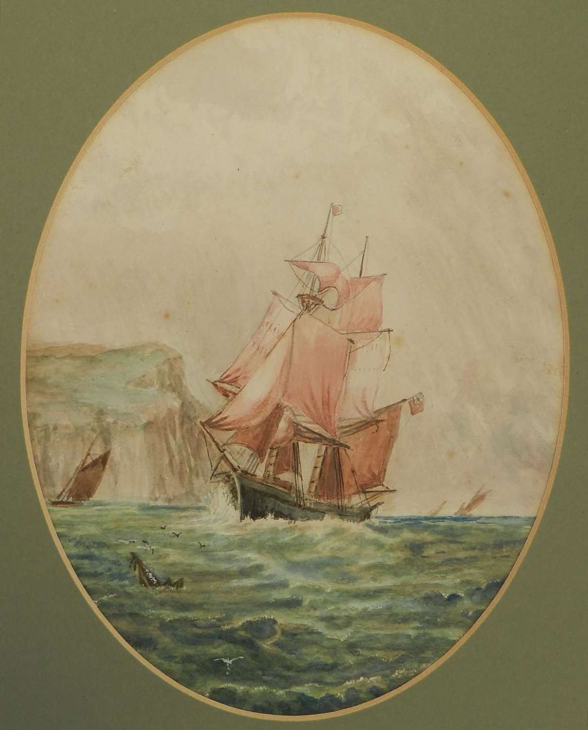 Watercolor of Sailing Ship at Sea English Marine late 19th Century