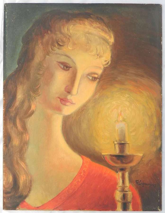 Naive Portrait Painting of a Woman French Mid century Oil signed R Les
