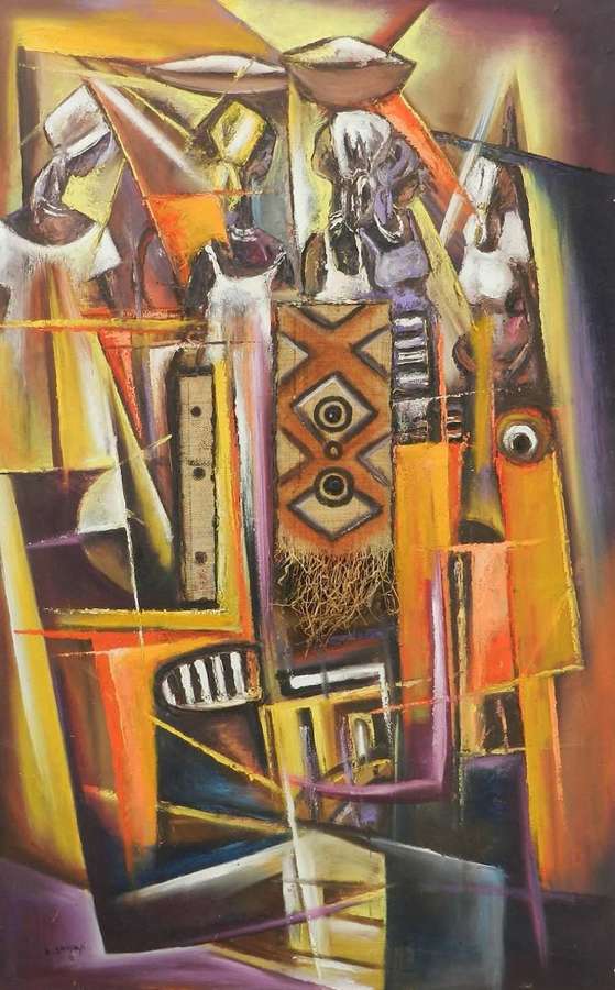 African Painting of Village Life Mixed Media 20th century signed by ar